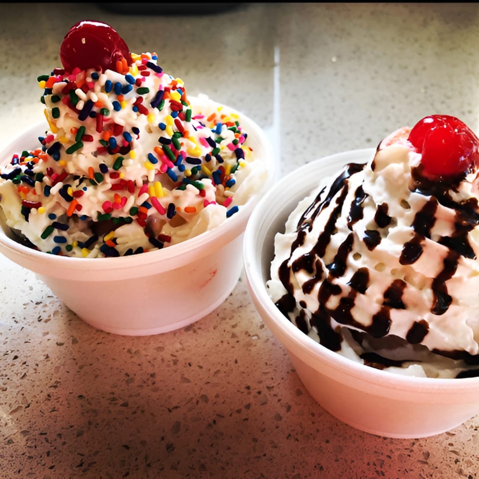 Two ice cream sundaes, one with sprinkles and one with chocolate syrup, both topped with cherries.